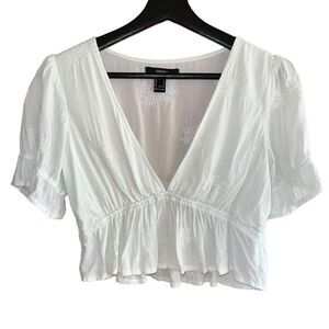 FOREVER‎ 21 Embroidered Baby Doll Crop Top Womens S Pale Green Short Sleeve
